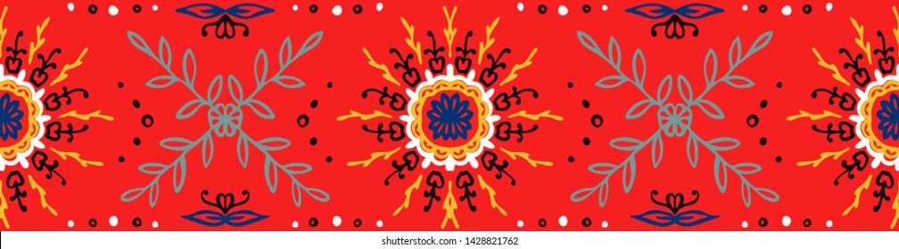 Seamless floral pattern. Stylized doodle flowers. Spanish ethnic embroidery. Folk ornament. Solar sign. Mediterranean print. Indian Oriental or Turkish textiles. Boho wallpaper. Hipster art.