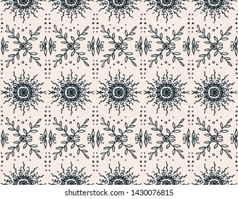 Seamless floral pattern. Stylized doodle flowers. Spanish ethnic embroidery. Folk ornament. Solar sign. Mediterranean print. Indian Oriental or Turkish textiles. Boho wallpaper. Hipster art.
