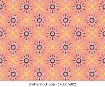Seamless floral pattern. Stylized doodle flowers. Spanish ethnic embroidery. Folk ornament. Solar sign. Mediterranean print. Indian Oriental or Turkish textiles. Boho wallpaper. Hipster art.