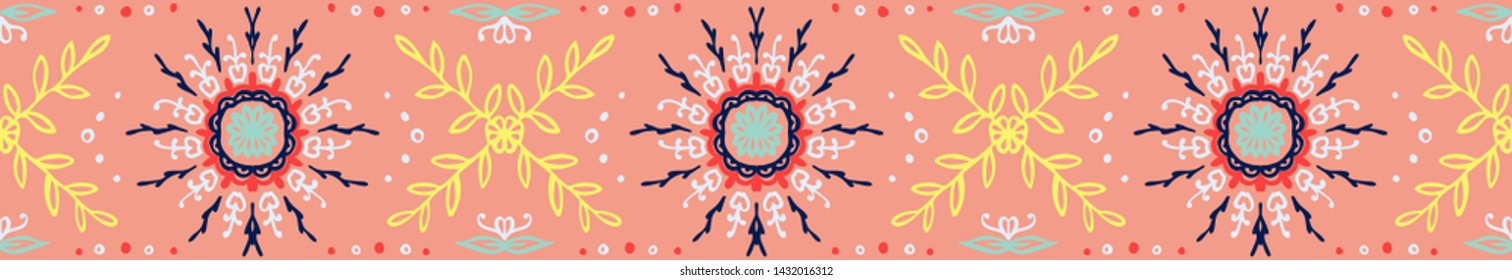 Seamless floral pattern. Stylized doodle flowers. Spanish ethnic embroidery. Folk ornament. Solar sign. Mediterranean print. Indian Oriental or Turkish textiles. Boho wallpaper. Hipster art.