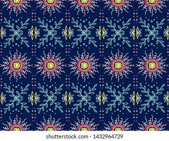 Seamless floral pattern. Stylized doodle flowers. Spanish ethnic embroidery. Folk ornament. Solar sign. Mediterranean print. Indian Oriental or Turkish textiles. Boho wallpaper. Hipster art.