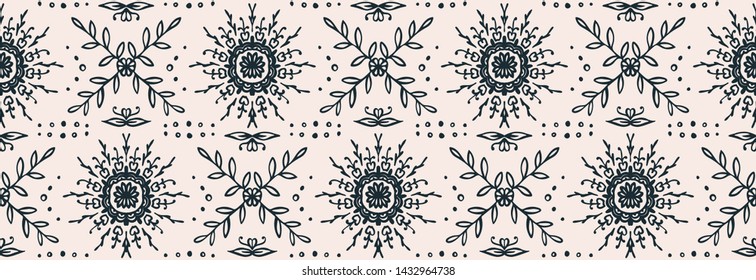 Seamless floral pattern. Stylized doodle flowers. Spanish ethnic embroidery. Folk ornament. Solar sign. Mediterranean print. Indian Oriental or Turkish textiles. Boho wallpaper. Hipster art.