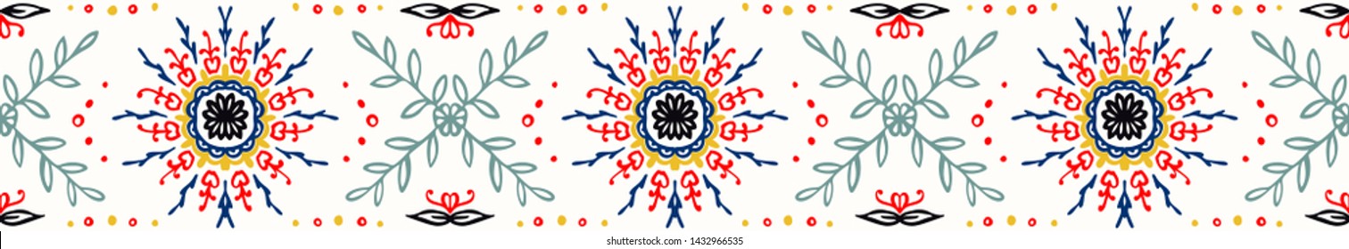 Seamless floral pattern. Stylized doodle flowers. Spanish ethnic embroidery. Folk ornament. Solar sign. Mediterranean print. Indian Oriental or Turkish textiles. Boho wallpaper. Hipster art.
