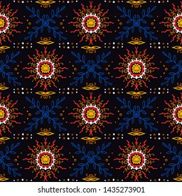 Seamless floral pattern. Stylized doodle flowers. Spanish ethnic embroidery. Folk ornament. Solar sign. Mediterranean print. Indian Oriental or Turkish textiles. Boho wallpaper. Hipster art.
