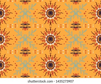 Seamless floral pattern. Stylized doodle flowers. Spanish ethnic embroidery. Folk ornament. Solar sign. Mediterranean print. Indian Oriental or Turkish textiles. Boho wallpaper. Hipster art.