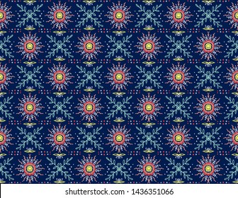 Seamless floral pattern. Stylized doodle flowers. Spanish ethnic embroidery. Folk ornament. Solar sign. Mediterranean print. Indian Oriental or Turkish textiles. Boho wallpaper. Hipster art.