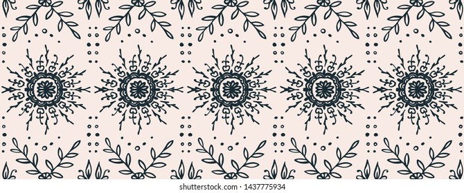 Seamless floral pattern. Stylized doodle flowers. Spanish ethnic embroidery. Folk ornament. Solar sign. Mediterranean print. Indian Oriental or Turkish textiles. Boho wallpaper. Hipster art.