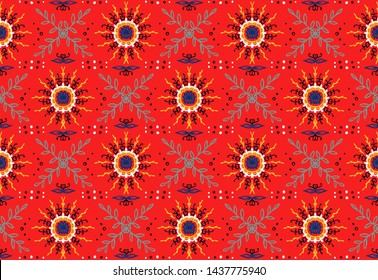 Seamless floral pattern. Stylized doodle flowers. Spanish ethnic embroidery. Folk ornament. Solar sign. Mediterranean print. Indian Oriental or Turkish textiles. Boho wallpaper. Hipster art.