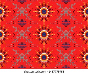Seamless floral pattern. Stylized doodle flowers. Spanish ethnic embroidery. Folk ornament. Solar sign. Mediterranean print. Indian Oriental or Turkish textiles. Boho wallpaper. Hipster art.