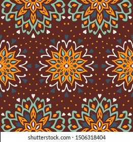 Seamless floral pattern. Stylized doodle flowers. Spanish ethnic embroidery. Folk ornament. Solar sign. Mediterranean print. Indian Oriental or Turkish textiles. Boho wallpaper. Hipster art.