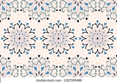 Seamless floral pattern. Stylized doodle flowers. Spanish ethnic embroidery. Folk ornament. Solar sign. Mediterranean print. Indian Oriental or Turkish textiles. Boho wallpaper. Hipster art.