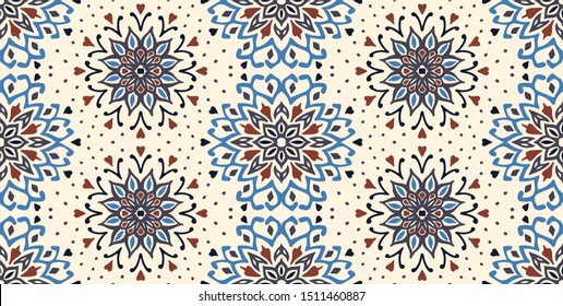 Seamless floral pattern. Stylized doodle flowers. Spanish ethnic embroidery. Folk ornament. Solar sign. Mediterranean print. Indian Oriental or Turkish textiles. Boho wallpaper. Hipster art.