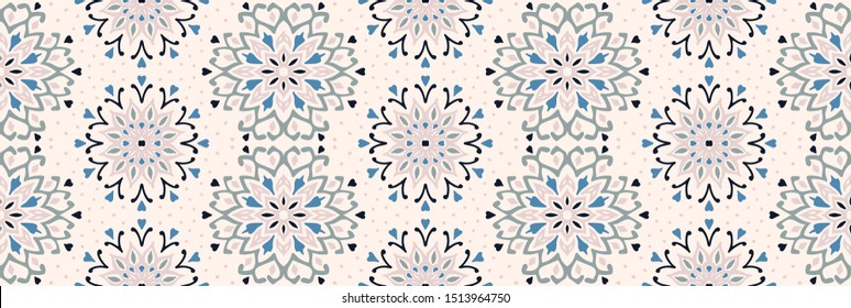 Seamless floral pattern. Stylized doodle flowers. Spanish ethnic embroidery. Folk ornament. Solar sign. Mediterranean print. Indian Oriental or Turkish textiles. Boho wallpaper. Hipster art.
