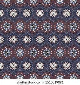 Seamless floral pattern. Stylized doodle flowers. Spanish ethnic embroidery. Folk ornament. Solar sign. Mediterranean print. Indian Oriental or Turkish textiles. Boho wallpaper. Hipster art.