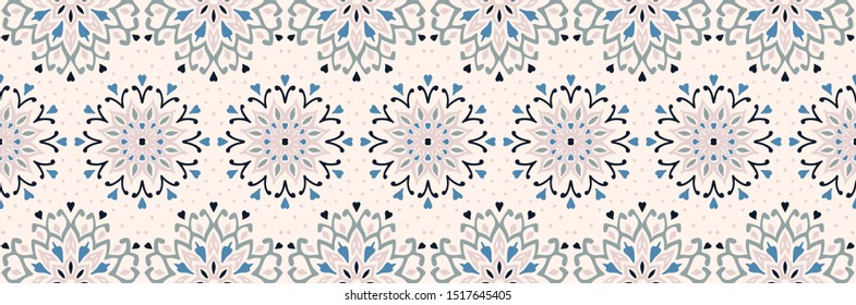 Seamless floral pattern. Stylized doodle flowers. Spanish ethnic embroidery. Folk ornament. Solar sign. Mediterranean print. Indian Oriental or Turkish textiles. Boho wallpaper. Hipster art.