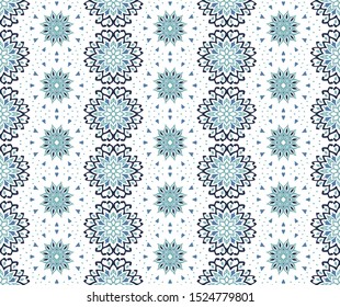 Seamless floral pattern. Stylized doodle flowers. Spanish ethnic embroidery. Folk ornament. Solar sign. Mediterranean print. Indian Oriental or Turkish textiles. Boho wallpaper. Hipster art.