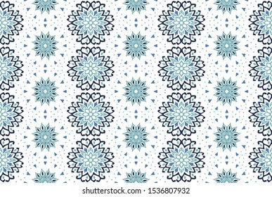 Seamless floral pattern. Stylized doodle flowers. Spanish ethnic embroidery. Folk ornament. Solar sign. Mediterranean print. Indian Oriental or Turkish textiles. Boho wallpaper. Hipster art.