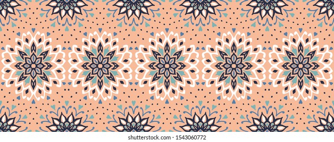 Seamless floral pattern. Stylized doodle flowers. Spanish ethnic embroidery. Folk ornament. Solar sign. Mediterranean print. Indian Oriental or Turkish textiles. Boho wallpaper. Hipster art.