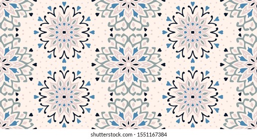 Seamless floral pattern. Stylized doodle flowers. Spanish ethnic embroidery. Folk ornament. Solar sign. Mediterranean print. Indian Oriental or Turkish textiles. Boho wallpaper. Hipster art.