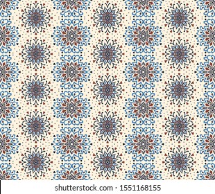 Seamless floral pattern. Stylized doodle flowers. Spanish ethnic embroidery. Folk ornament. Solar sign. Mediterranean print. Indian Oriental or Turkish textiles. Boho wallpaper. Hipster art.