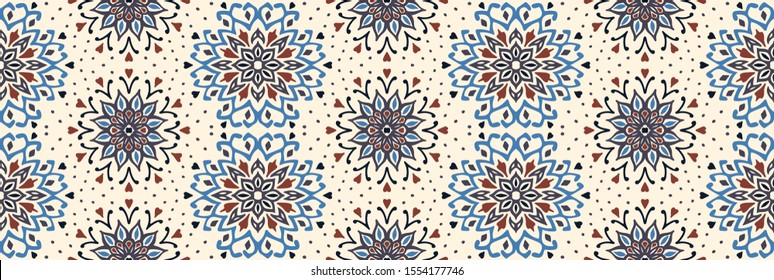 Seamless floral pattern. Stylized doodle flowers. Spanish ethnic embroidery. Folk ornament. Solar sign. Mediterranean print. Indian Oriental or Turkish textiles. Boho wallpaper. Hipster art.