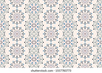 Seamless floral pattern. Stylized doodle flowers. Spanish ethnic embroidery. Folk ornament. Solar sign. Mediterranean print. Indian Oriental or Turkish textiles. Boho wallpaper. Hipster art.