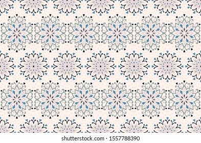 Seamless floral pattern. Stylized doodle flowers. Spanish ethnic embroidery. Folk ornament. Solar sign. Mediterranean print. Indian Oriental or Turkish textiles. Boho wallpaper. Hipster art.