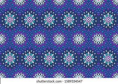 Seamless floral pattern. Stylized doodle flowers. Spanish ethnic embroidery. Folk ornament. Solar sign. Mediterranean print. Indian Oriental or Turkish textiles. Boho wallpaper. Hipster art.
