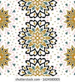 Seamless floral pattern. Stylized doodle flowers. Spanish ethnic embroidery. Folk ornament. Solar sign. Mediterranean print. Indian Oriental or Turkish textiles. Boho wallpaper. Hipster art.
