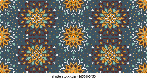 Patrón floral sin soldadura. Flores de doodle estilizadas. Borde étnico español. Ornamento popular. Signo solar. Impresión mediterránea. Textos indios orientales o turcos. Papel pintado de Boho. Arte hipster.