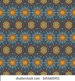 Nahtlose Blumenmuster. Stilvolle Doodle-Blumen. Spanische ethnische Stickerei. Folkloreverzierung. Sonnenzeichen. Mittelmeerdruck. indische orientalische oder türkische Textilien. Boho Tapete. Hipster Art.