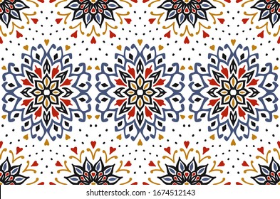 Seamless floral pattern. Stylized doodle flowers. Spanish ethnic embroidery. Folk ornament. Solar sign. Mediterranean print. Indian Oriental or Turkish textiles. Boho wallpaper. Hipster art.