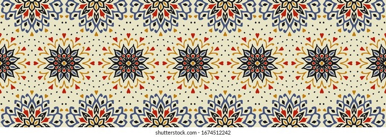 Seamless floral pattern. Stylized doodle flowers. Spanish ethnic embroidery. Folk ornament. Solar sign. Mediterranean print. Indian Oriental or Turkish textiles. Boho wallpaper. Hipster art.