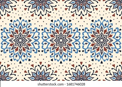 Patrón floral sin soldadura. Flores de doodle estilizadas. Borde étnico español. Ornamento popular. Signo solar. Impresión mediterránea. Textos indios orientales o turcos. Papel pintado de Boho. Arte hipster.