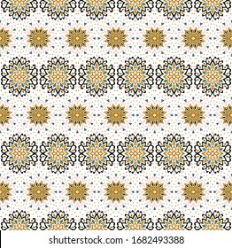 Patrón floral sin soldadura. Flores de doodle estilizadas. Borde étnico español. Ornamento popular. Signo solar. Impresión mediterránea. Textos indios orientales o turcos. Papel pintado de Boho. Arte hipster.