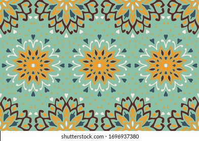  Patrón floral sin soldadura. Flores de doodle estilizadas. Borde étnico español. Ornamento popular. Signo solar. Impresión mediterránea. Textos indios orientales o turcos. Papel pintado de Boho. Arte hipster.