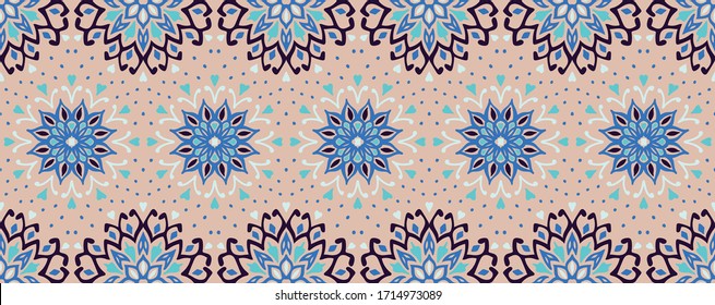 Seamless floral pattern. Stylized doodle flowers. Spanish ethnic embroidery. Folk ornament. Solar sign. Mediterranean print. Indian Oriental or Turkish textiles. Boho wallpaper. Hipster art.