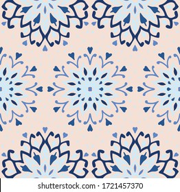 Seamless floral pattern. Stylized doodle flowers. Spanish ethnic embroidery. Folk ornament. Solar sign. Mediterranean print. Indian Oriental or Turkish textiles. Boho wallpaper. Hipster art.