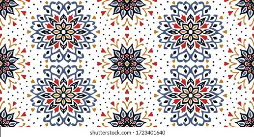 Seamless floral pattern. Stylized doodle flowers. Spanish ethnic embroidery. Folk ornament. Solar sign. Mediterranean print. Indian Oriental or Turkish textiles. Boho wallpaper. Hipster art.