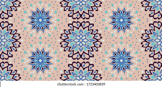Seamless floral pattern. Stylized doodle flowers. Spanish ethnic embroidery. Folk ornament. Solar sign. Mediterranean print. Indian Oriental or Turkish textiles. Boho wallpaper. Hipster art.