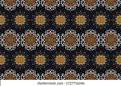 Seamless floral pattern. Stylized doodle flowers. Spanish ethnic embroidery. Folk ornament. Solar sign. Mediterranean print. Indian Oriental or Turkish textiles. Boho wallpaper. Hipster art.