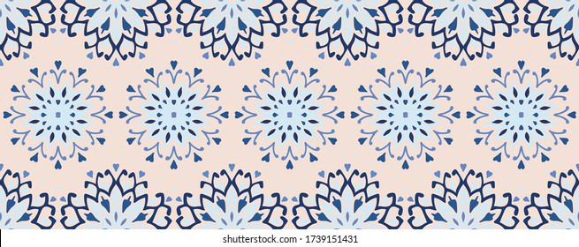 Seamless floral pattern. Stylized doodle flowers. Spanish ethnic embroidery. Folk ornament. Solar sign. Mediterranean print. Indian Oriental or Turkish textiles. Boho wallpaper. Hipster art.