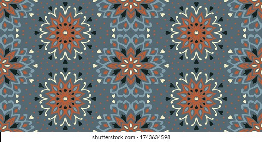 Patrón floral sin foco. Flores de doodle estilizadas. bordado étnico español. Ornamento popular. Señal solar. Impresión mediterránea. Tejidos indios orientales o turcos. Papel de la pared de Boho. Arte hipster.