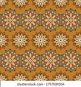 Seamless floral pattern. Stylized doodle flowers. Spanish ethnic embroidery. Folk ornament. Solar sign. Mediterranean print. Indian Oriental or Turkish textiles. Boho wallpaper. Hipster art.