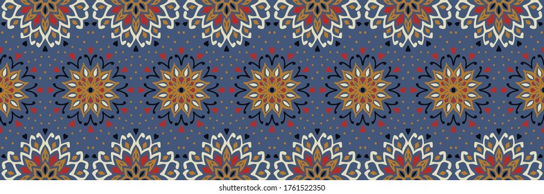 Seamless floral pattern. Stylized doodle flowers. Spanish ethnic embroidery. Folk ornament. Solar sign. Mediterranean print. Indian Oriental or Turkish textiles. Boho wallpaper. Hipster art.