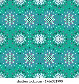Seamless floral pattern. Stylized doodle flowers. Spanish ethnic embroidery. Folk ornament. Solar sign. Mediterranean print. Indian Oriental or Turkish textiles. Boho wallpaper. Hipster art.