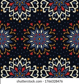 Patrón floral sin foco. Flores de doodle estilizadas. bordado étnico español. Ornamento popular. Señal solar. Impresión mediterránea. Tejidos indios orientales o turcos. Papel de la pared de Boho. Arte hipster.