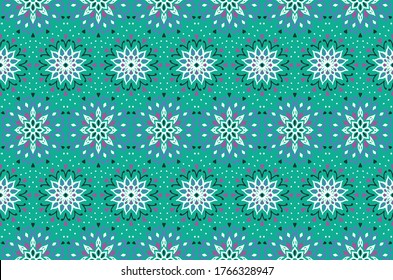 Seamless floral pattern. Stylized doodle flowers. Spanish ethnic embroidery. Folk ornament. Solar sign. Mediterranean print. Indian Oriental or Turkish textiles. Boho wallpaper. Hipster art.