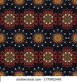 Seamless floral pattern. Stylized doodle flowers. Spanish ethnic embroidery. Folk ornament. Solar sign. Mediterranean print. Indian Oriental or Turkish textiles. Boho wallpaper. Hipster art.