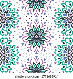 Seamless floral pattern. Stylized doodle flowers. Spanish ethnic embroidery. Folk ornament. Solar sign. Mediterranean print. Indian Oriental or Turkish textiles. Boho wallpaper. Hipster art.